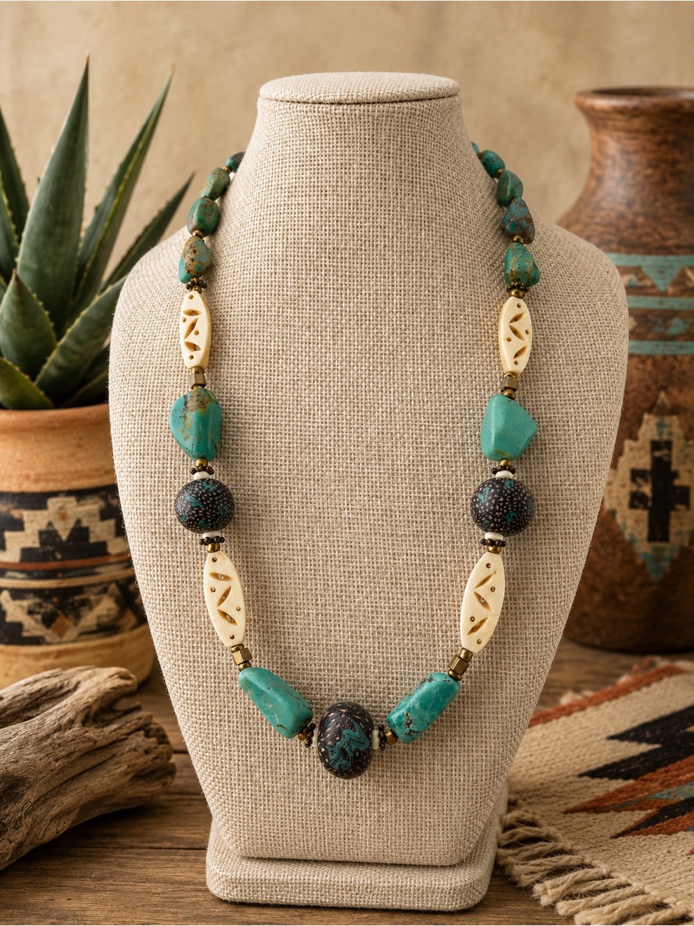 Turquoise, Bone and Vintage Polymer Clay beaded necklace 22’